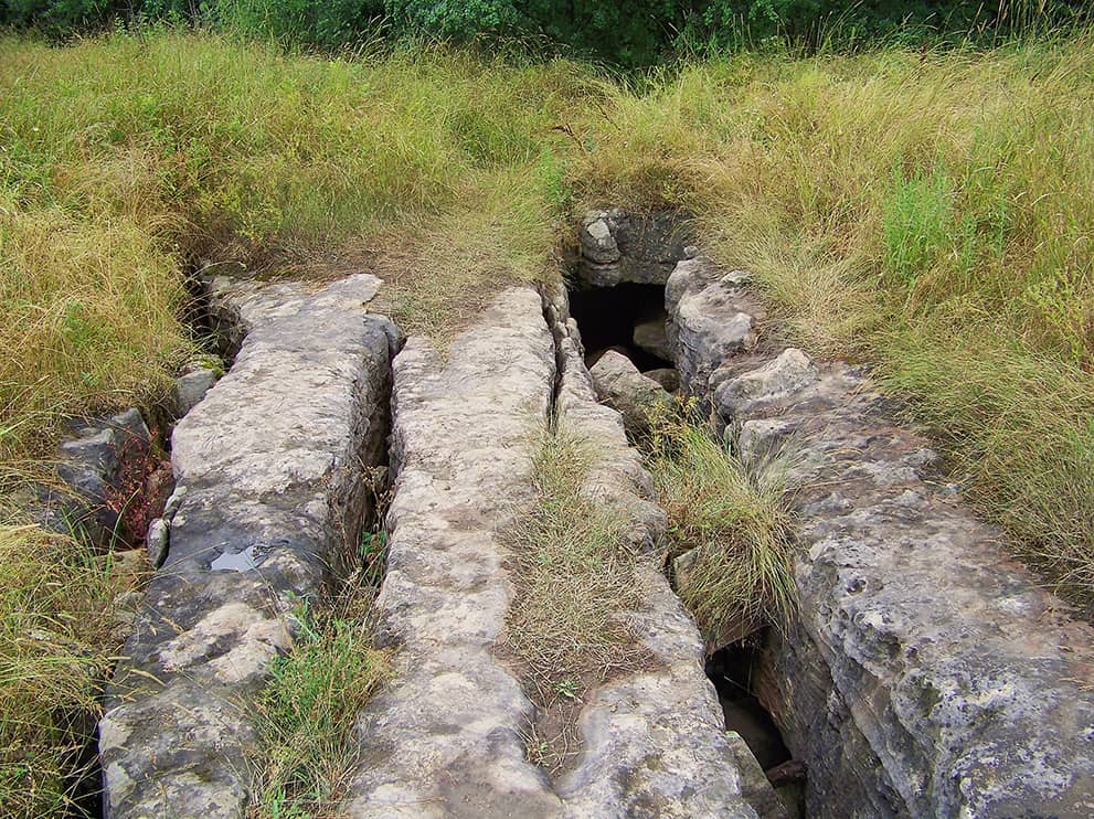 A karst trench in the middle of a grassy field.